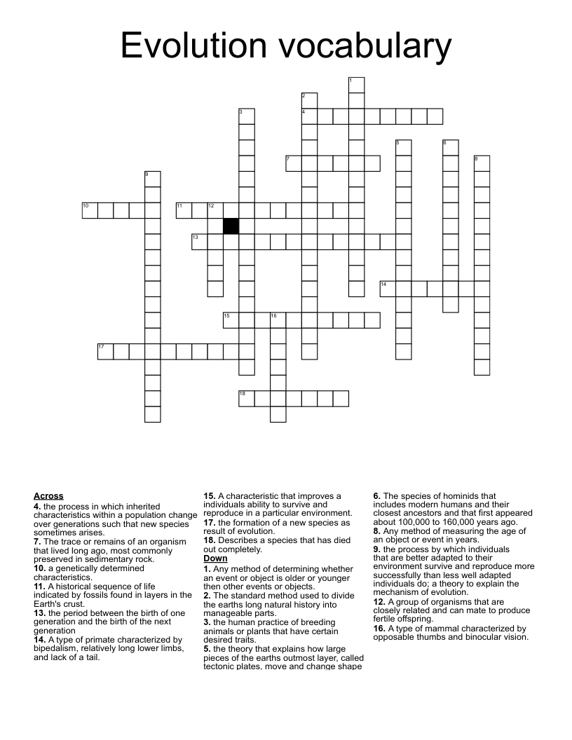 Evolution vocabulary Crossword