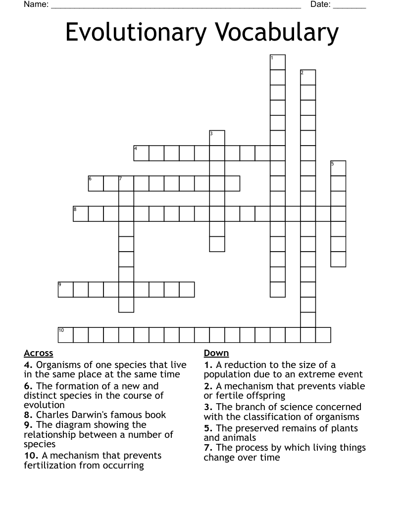 Evolutionary Vocabulary Crossword