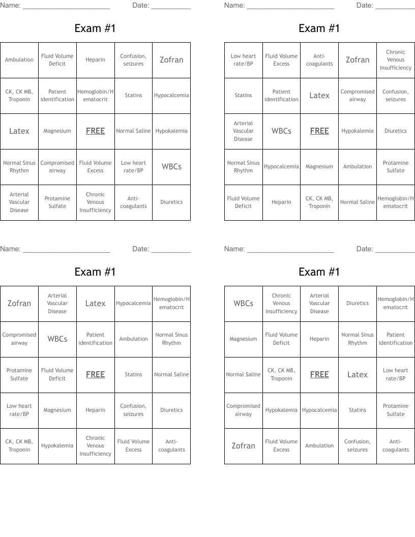 Exam #1 Bingo Cards