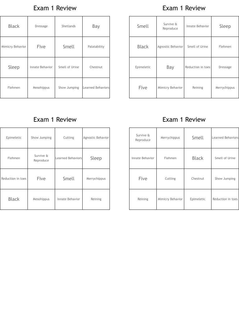 Exam 1 Review  Bingo Cards