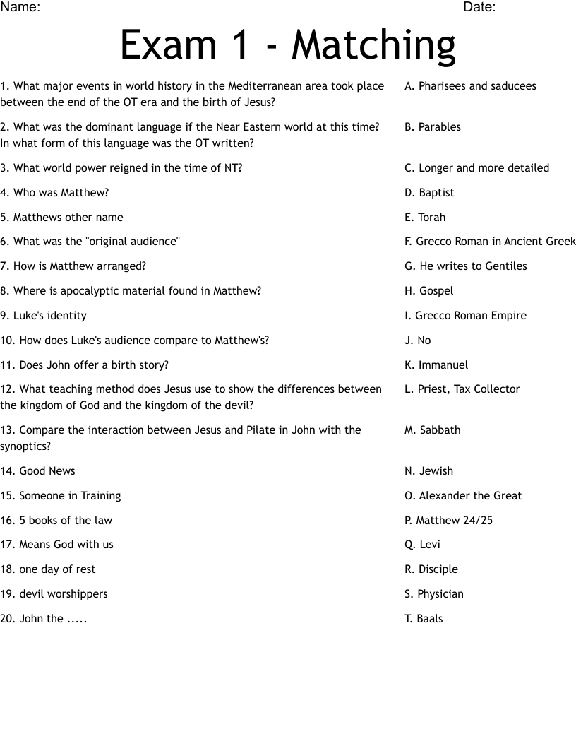 Exam 1 - Matching Worksheet