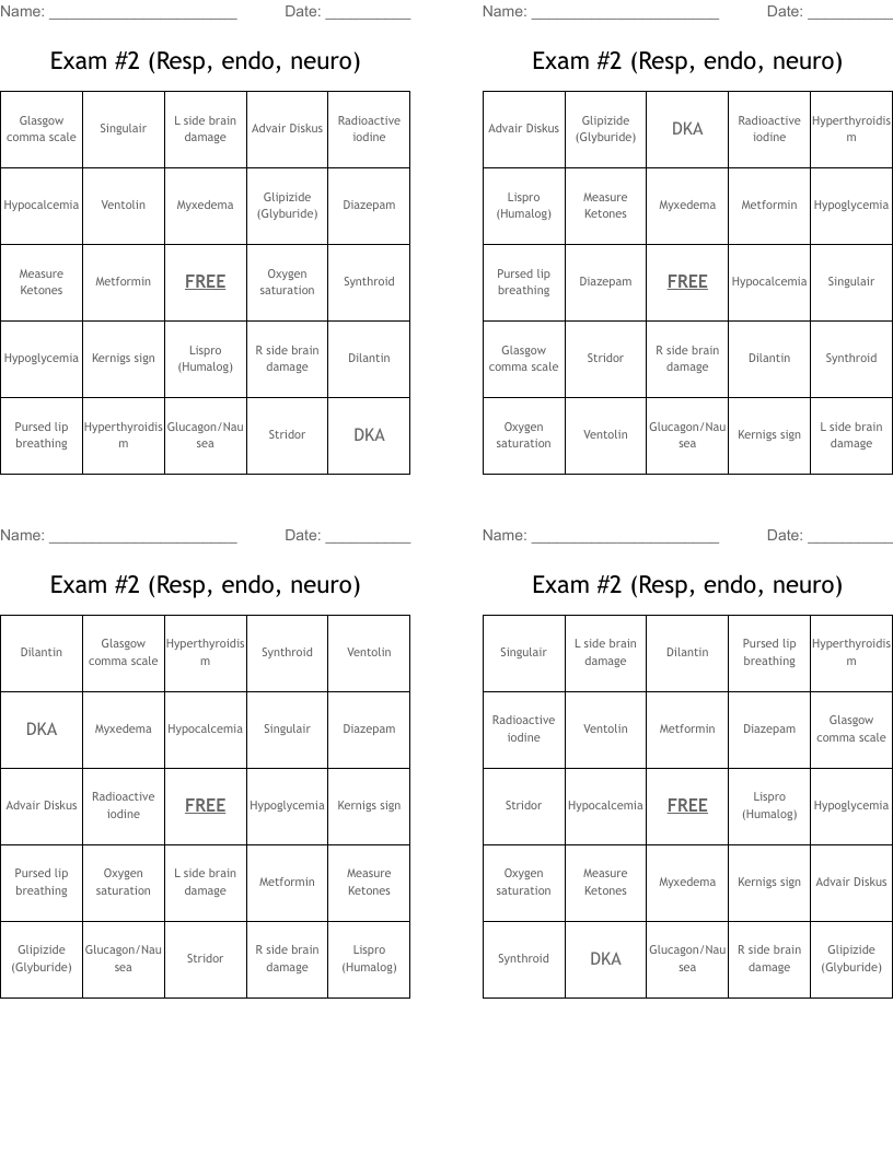 Exam #2 (Resp, endo, neuro) Bingo Cards