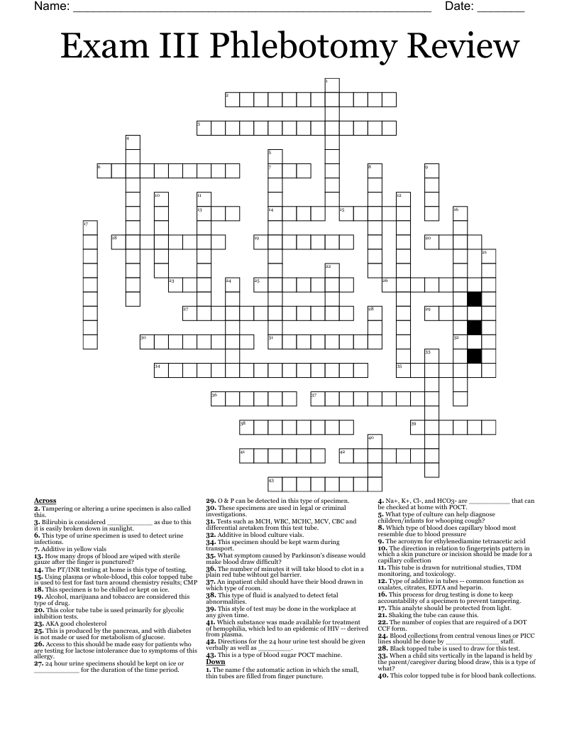 Exam III Phlebotomy Review Crossword
