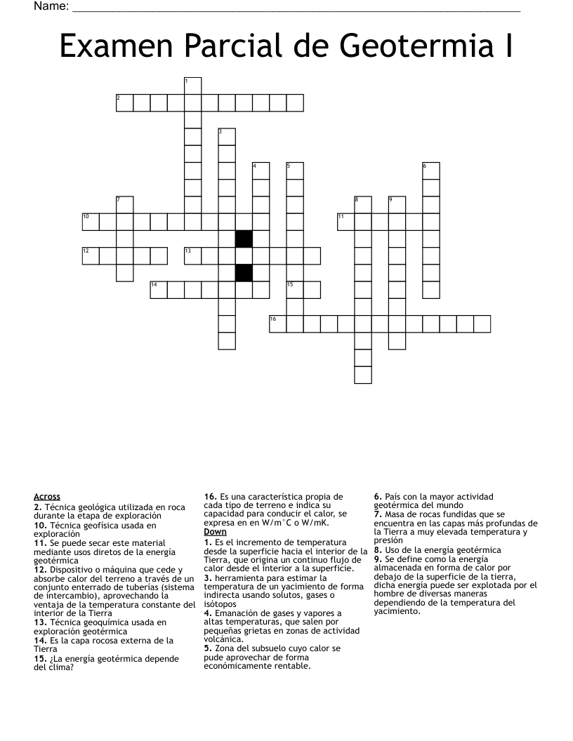 Examen Parcial de Geotermia I Crossword