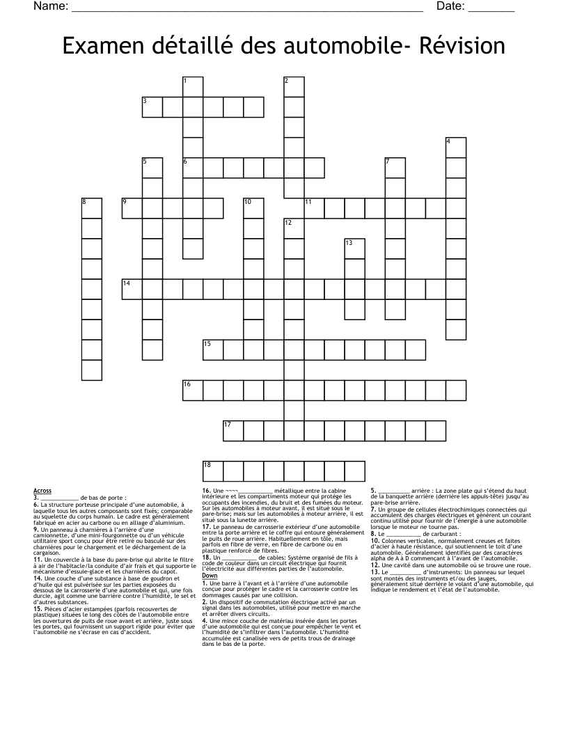 Examen détaillé des automobile- Révision  Crossword