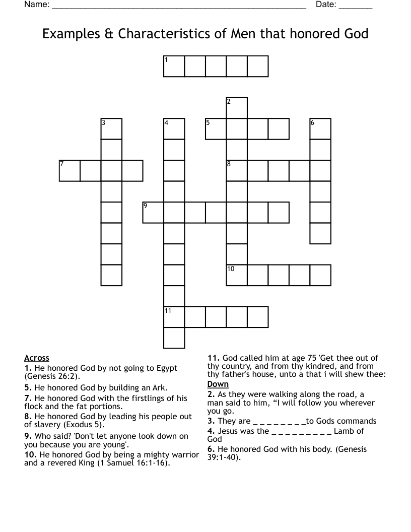 Examples & Characteristics of Men that honored God Crossword