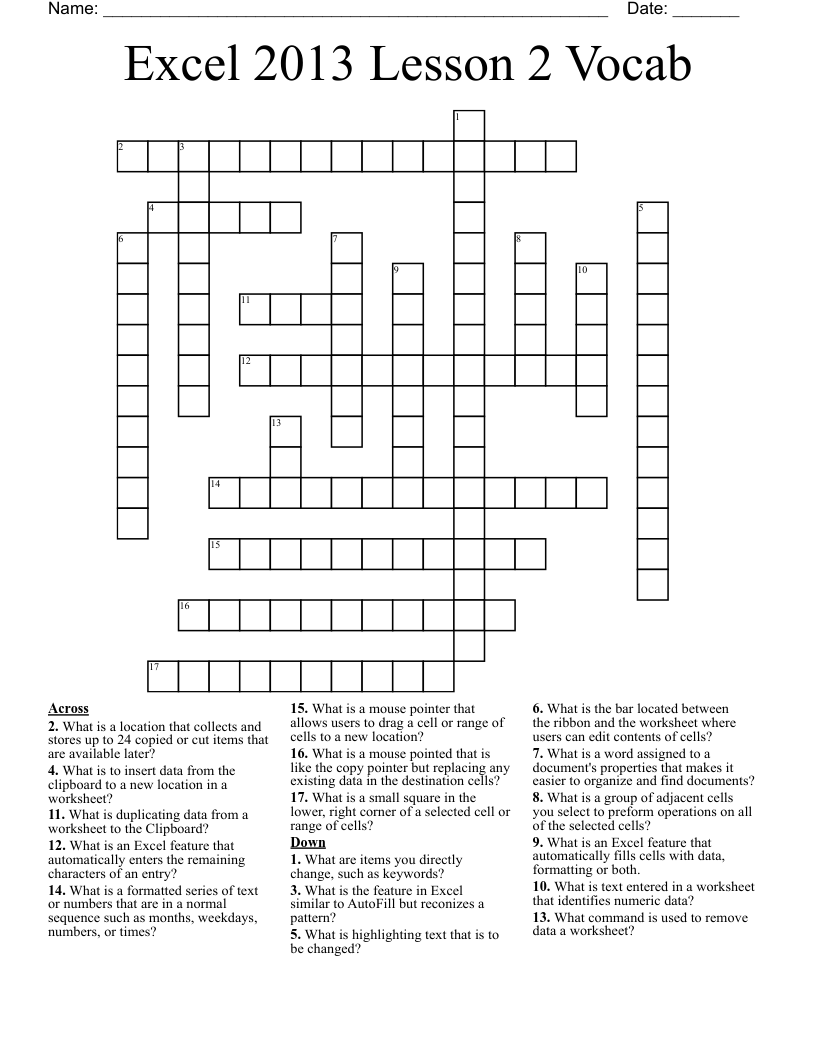 Excel 2013 Lesson 2 Vocab Crossword
