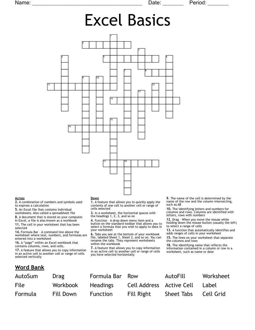 Excel Basics Crossword