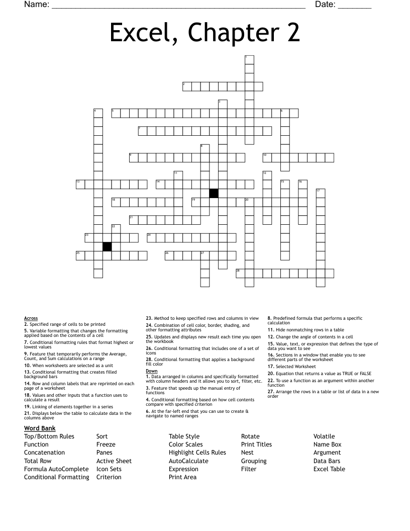 Excel, Chapter 2 Crossword