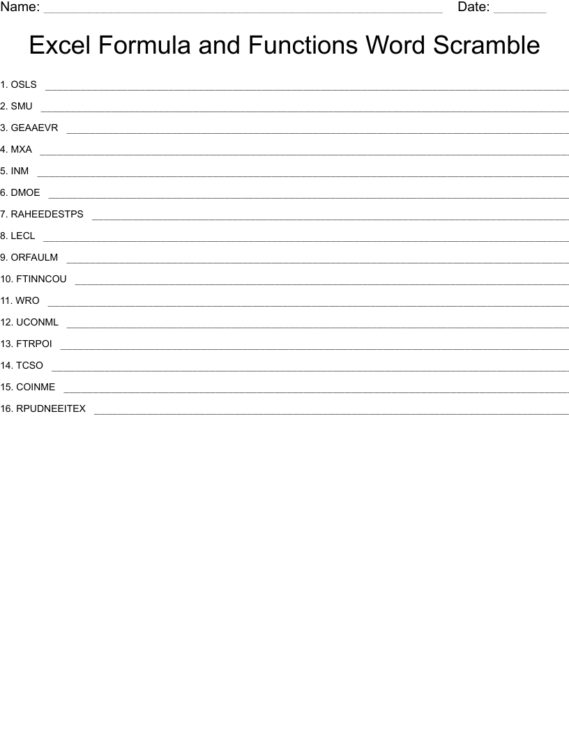 Excel Formula and Functions Word Scramble