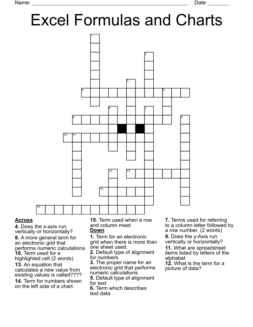 Excel Formulas and Charts Crossword
