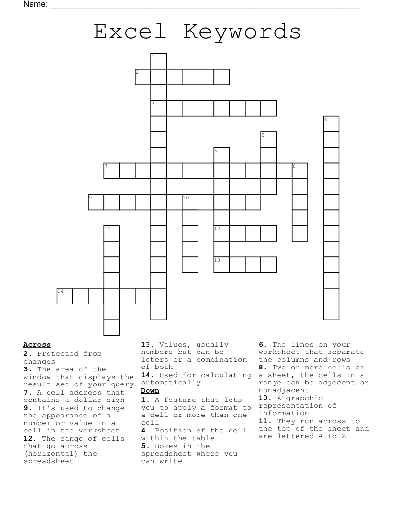 Excel Keywords Crossword