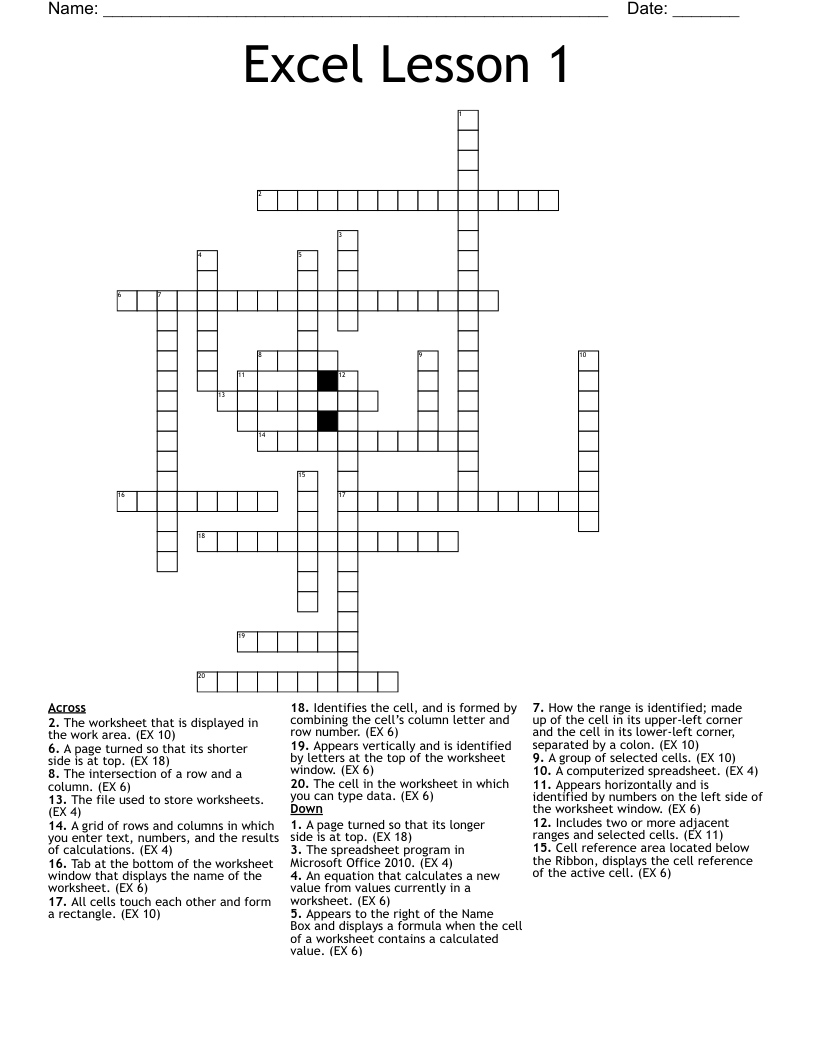 Excel Lesson 1 Crossword