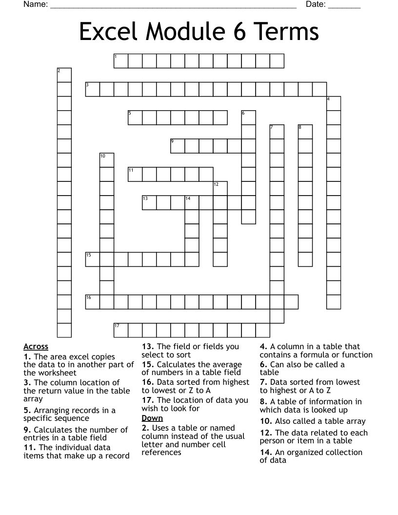 Excel Module 6 Terms Crossword