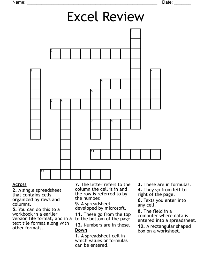 Excel Review Crossword
