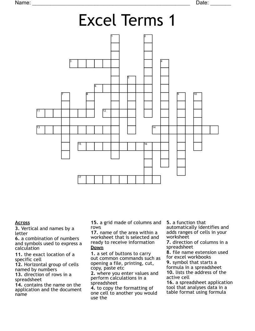 Excel Terms 1 Crossword