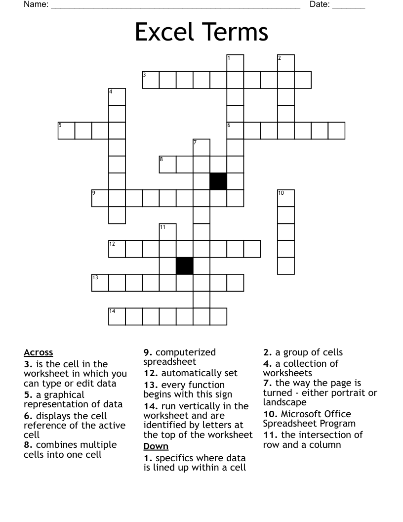 Excel Terms Crossword