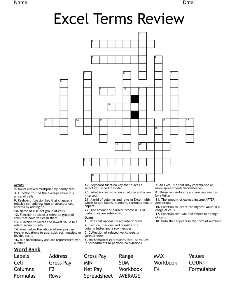 Excel Terms Review Crossword