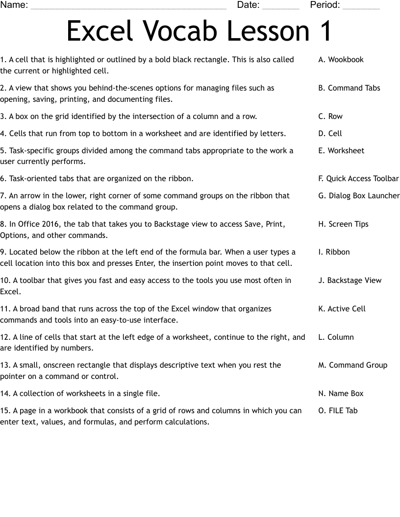 Excel Vocab Lesson 1 Worksheet