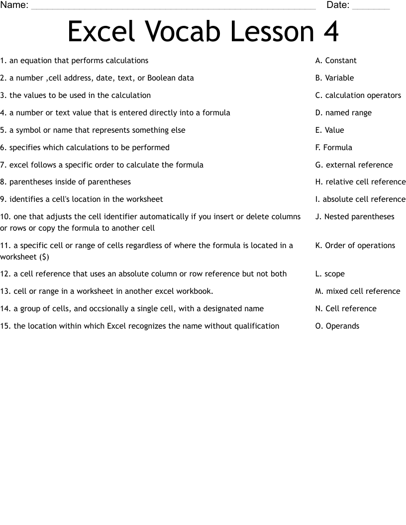 Excel Vocab Lesson 4 Worksheet