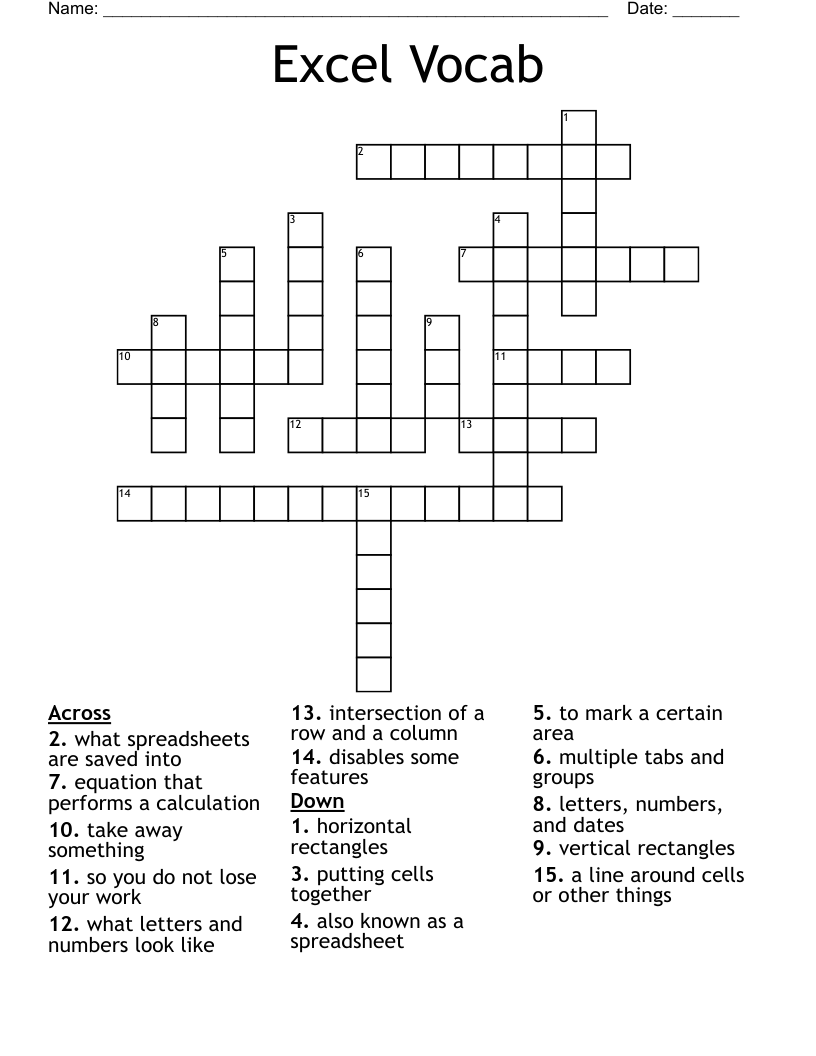 Excel Vocab  Crossword