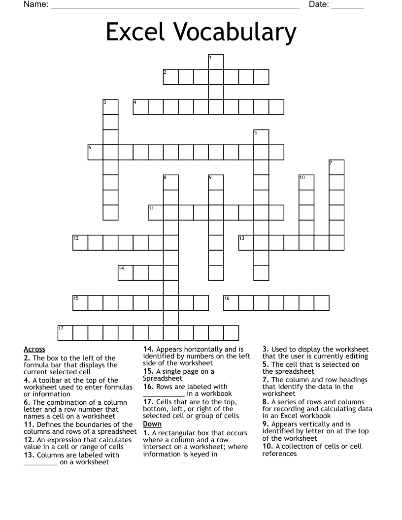 Excel Vocabulary Crossword