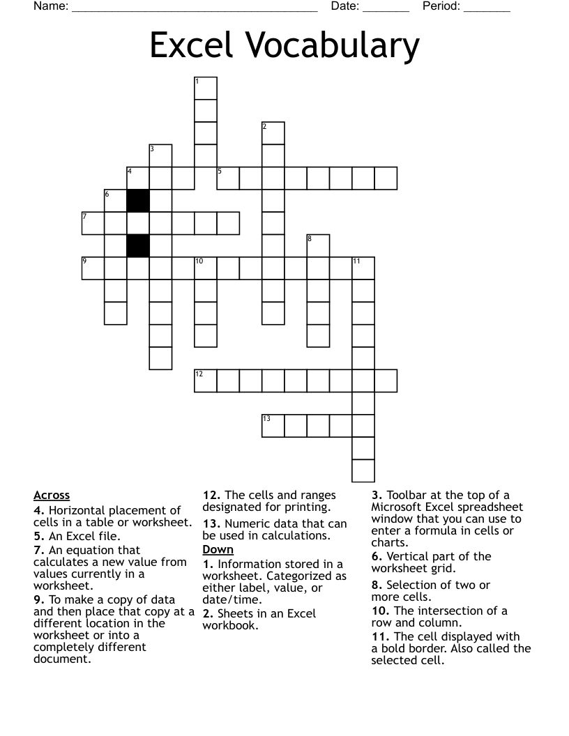 Excel Vocabulary Crossword