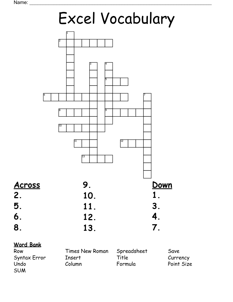 Excel Vocabulary Crossword