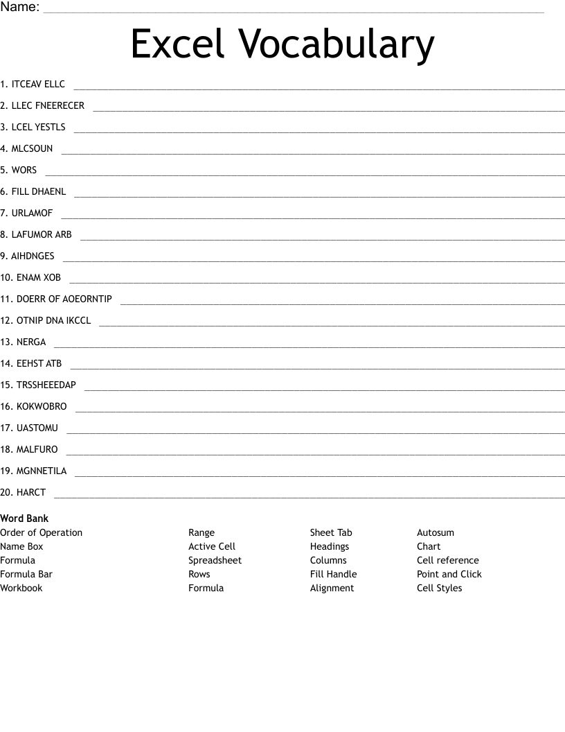 Excel Vocabulary Word Scramble