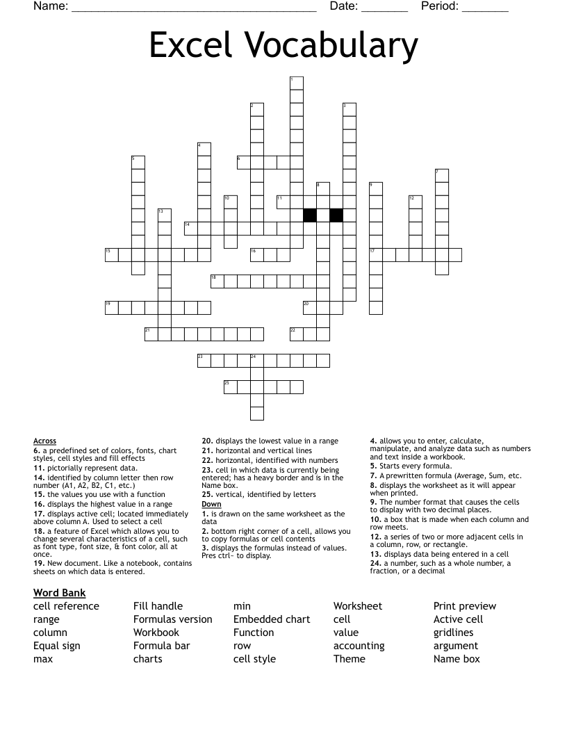 Excel Vocabulary Crossword