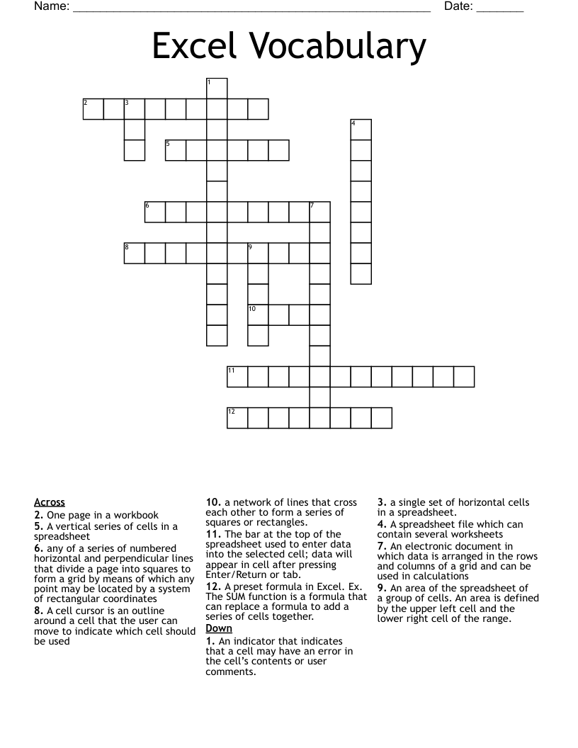 Excel Vocabulary Crossword