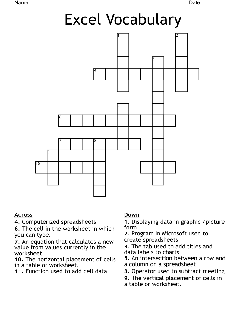 Excel Vocabulary Crossword