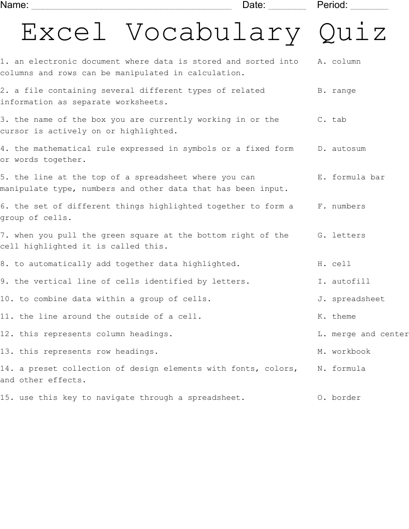 Excel Vocabulary Quiz Worksheet