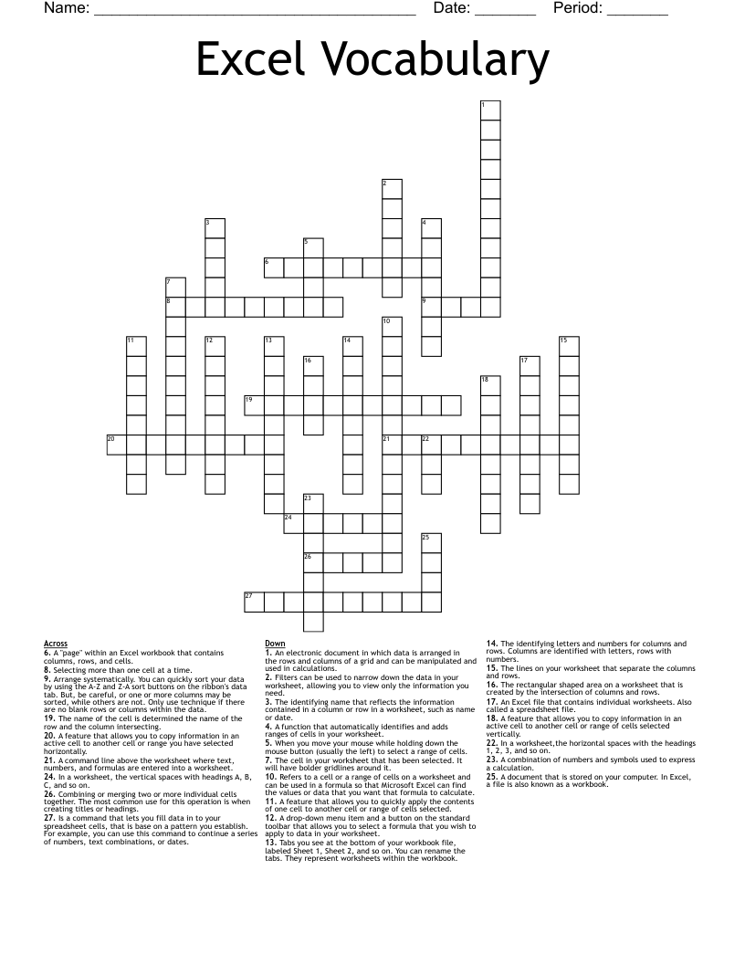 Excel Vocabulary  Crossword