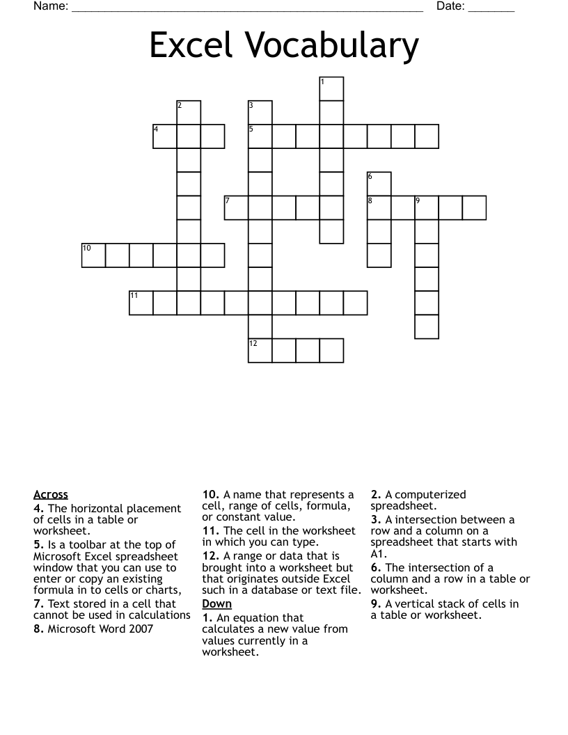 Excel Vocabulary  Crossword