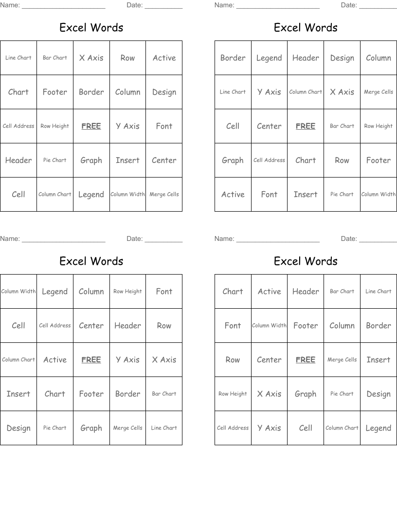 Excel Words Bingo Cards