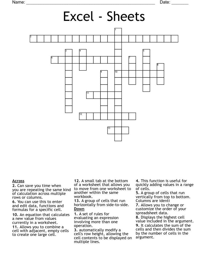Excel - Sheets Crossword