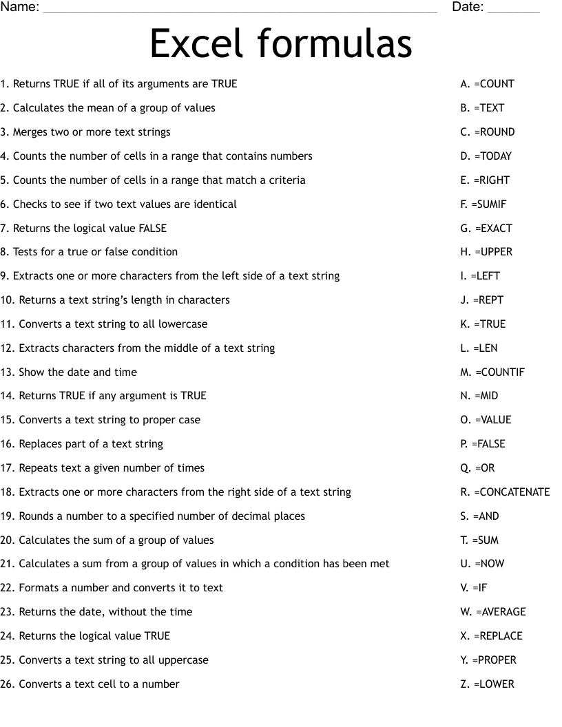 Excel formulas Worksheet