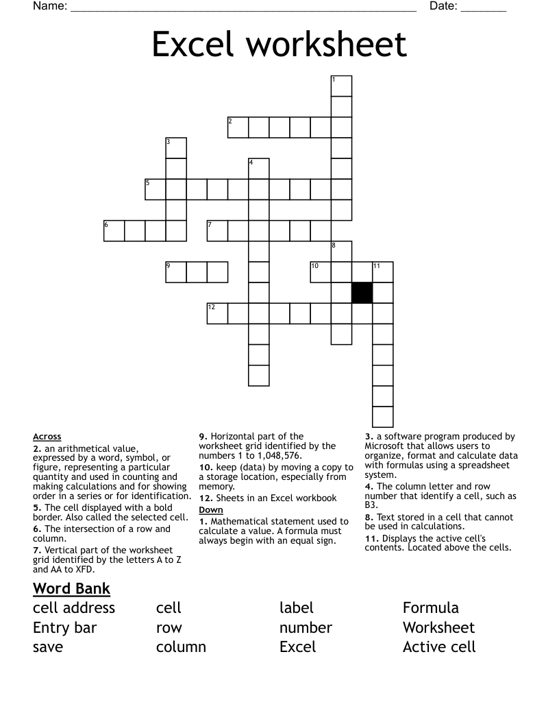 Excel worksheet Crossword