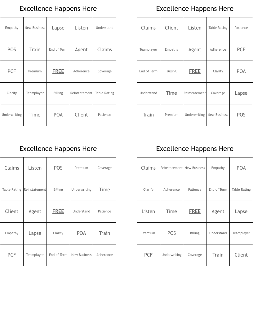 Excellence Happens Here Bingo Cards