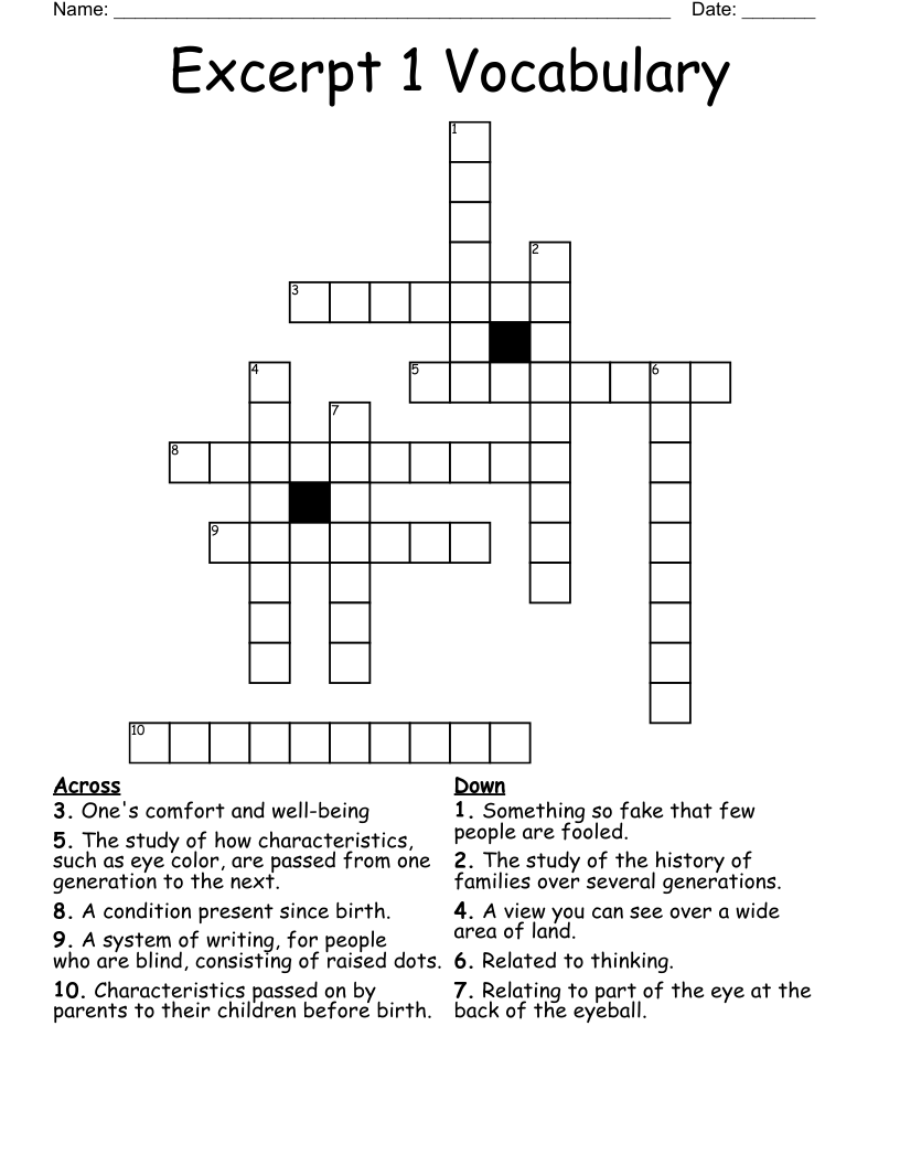 Excerpt 1 Vocabulary Crossword