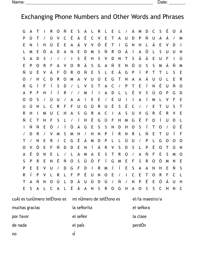 Exchanging Phone Numbers and Other Words and Phrases Word Search