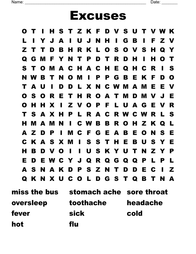 Excuses Word Search
