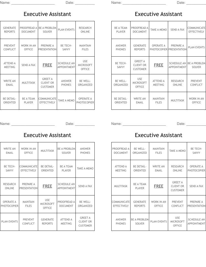 Executive Assistant Bingo Cards