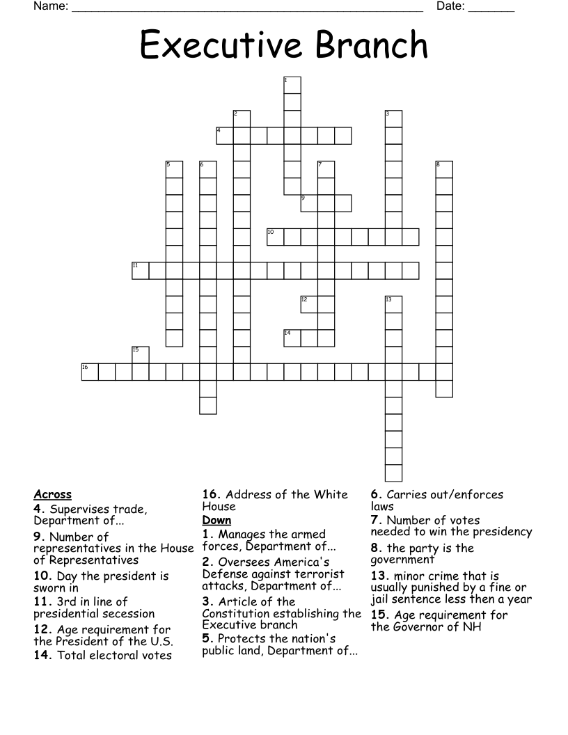 Executive Branch Crossword
