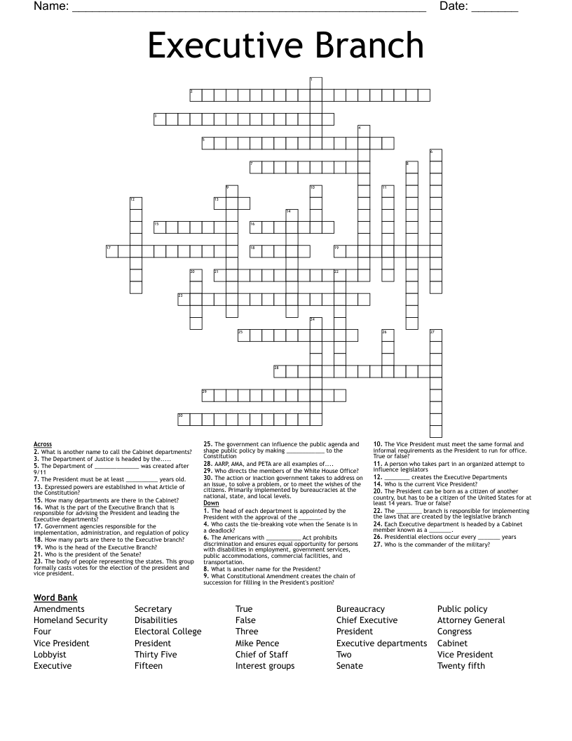 Executive Branch Crossword