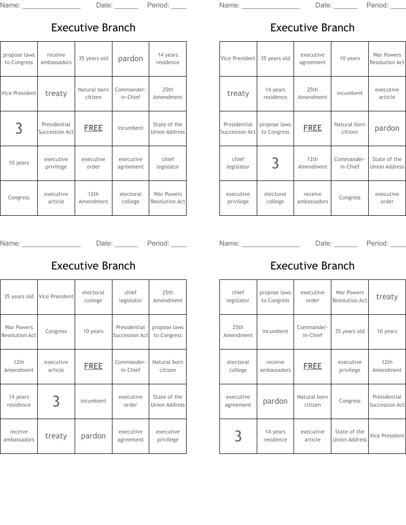 Executive Branch Bingo Cards