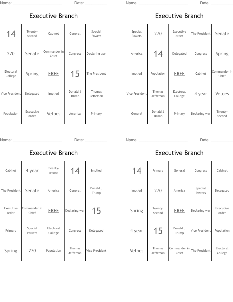 Executive Branch Bingo Cards
