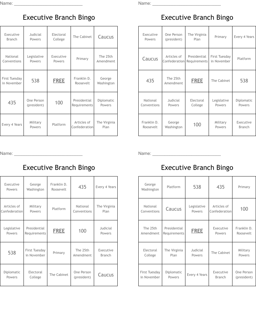 Executive Branch Bingo