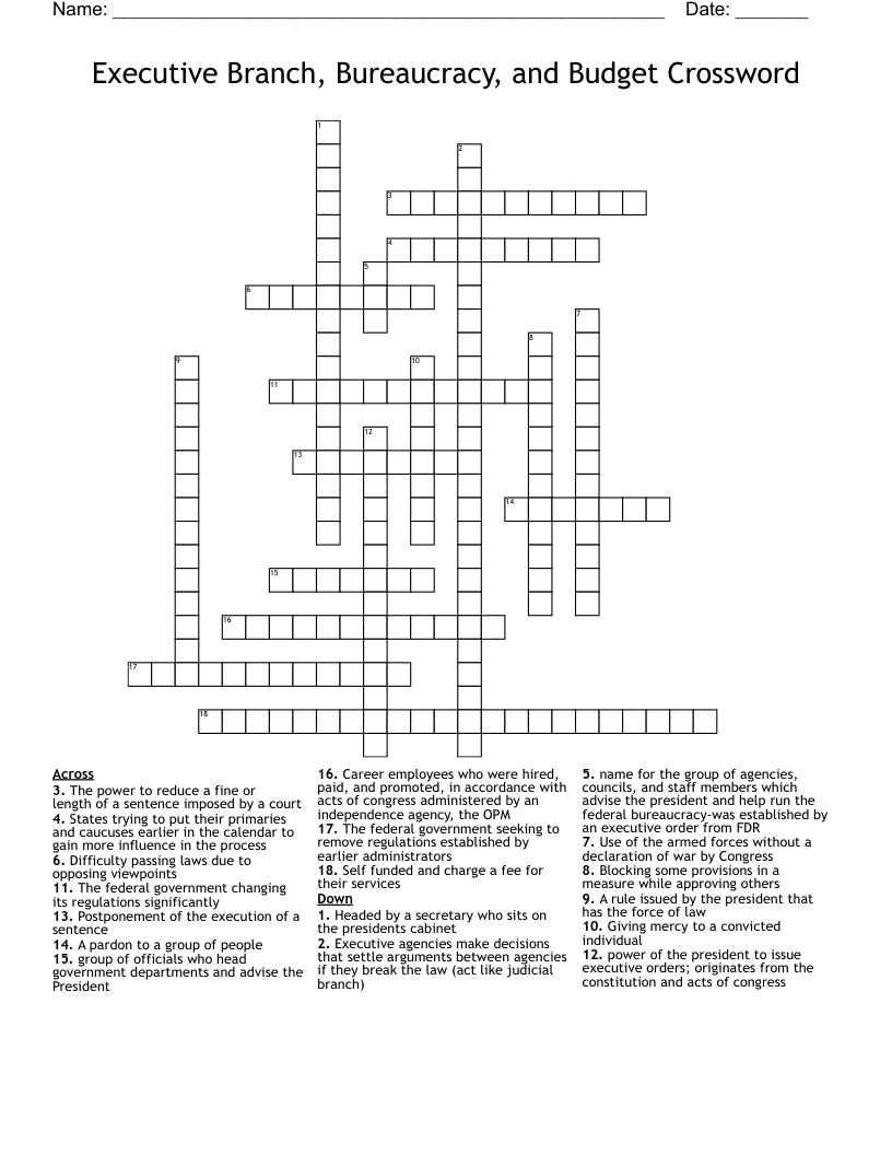 Executive Branch, Bureaucracy, and Budget Crossword